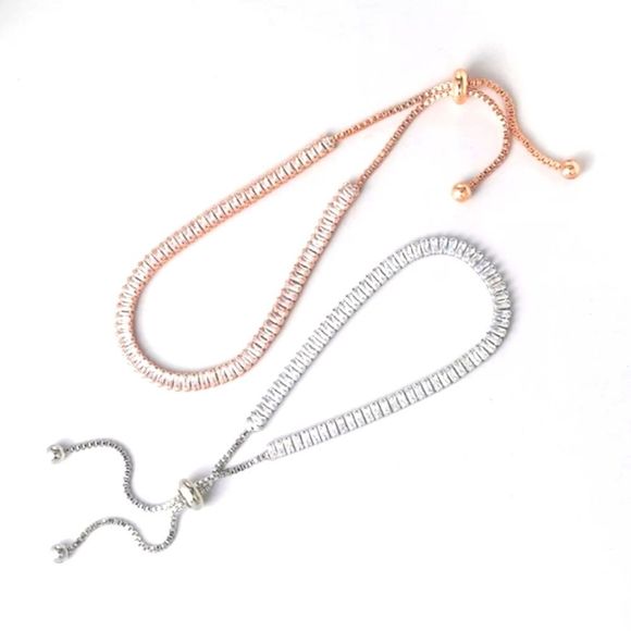 Platinum plated Silver or Rose gold bolo tennis bracelet Baugette CZs - Picture 3 of 4